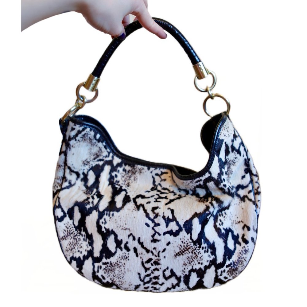 Authentic Brahmin Black\White Shoulder Bag Leather & Fur